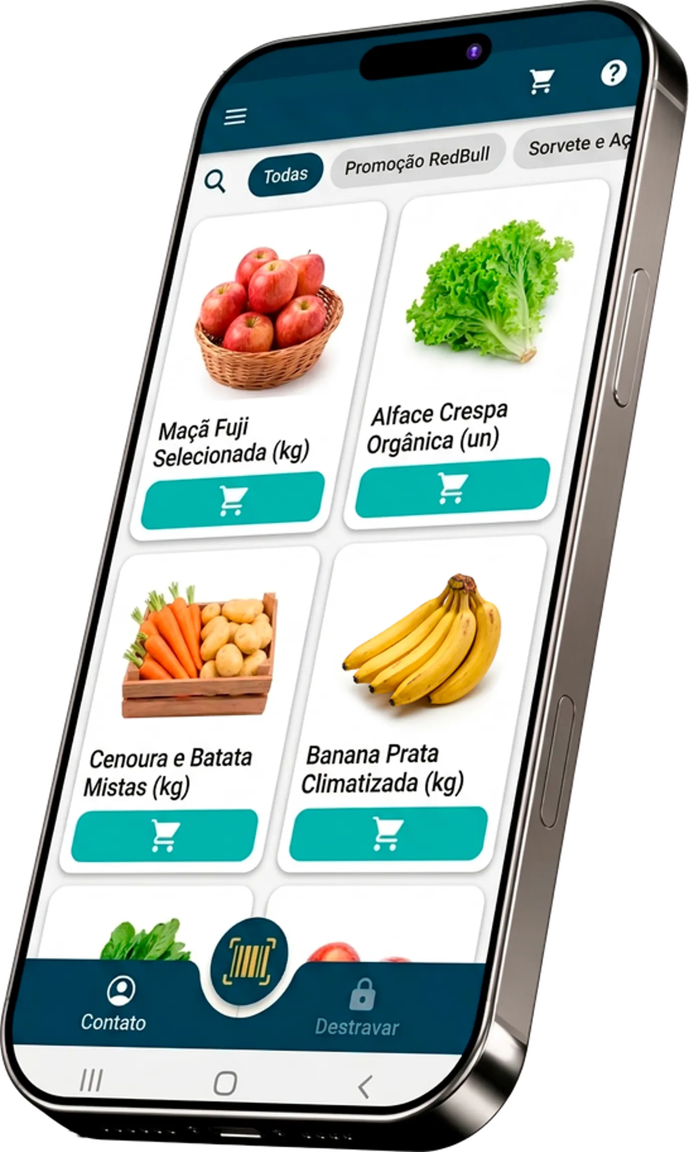 Aplicativo do Orbe Market mostrando produtos e interface de compra